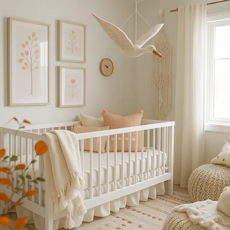Décoration murale cygne en peluche suspendue au-dessus d’un lit de bébé dans une chambre douce et lumineuse couleur crème.
