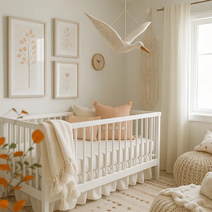 Décoration murale cygne en peluche suspendue au-dessus d’un lit de bébé dans une chambre douce et lumineuse couleur crème.