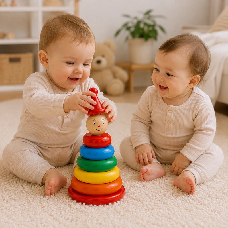 Deux bébés s'amusent ensemble avec une tour à empiler en bois Montessori favorisant le jeu partagé et la motricité