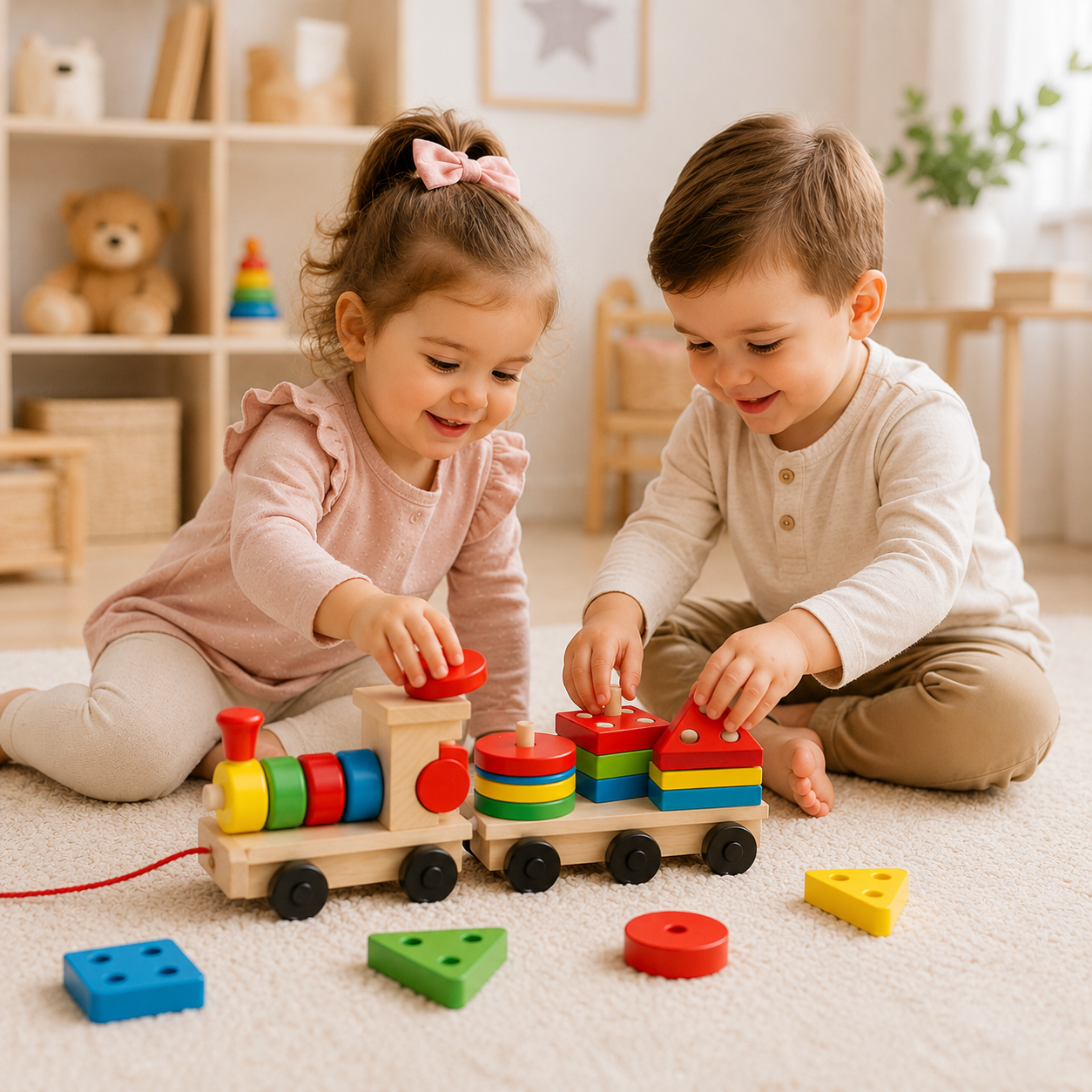 Deux jeunes enfants jouent ensemble avec un petit train en bois éducatif en empilant les formes colorées