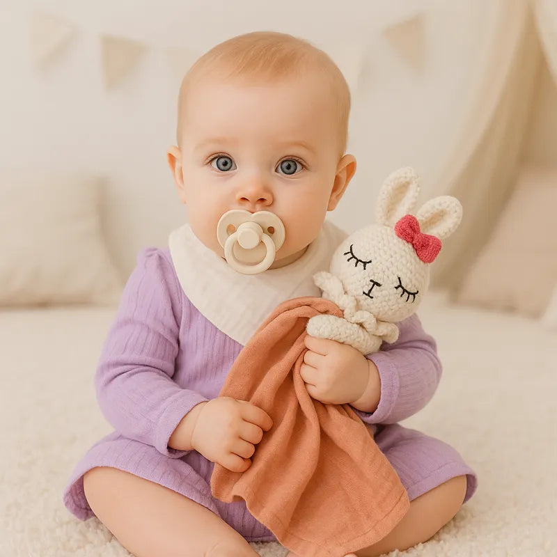 Bébé fille en robe mauve tient un doudou lapin rose tendre