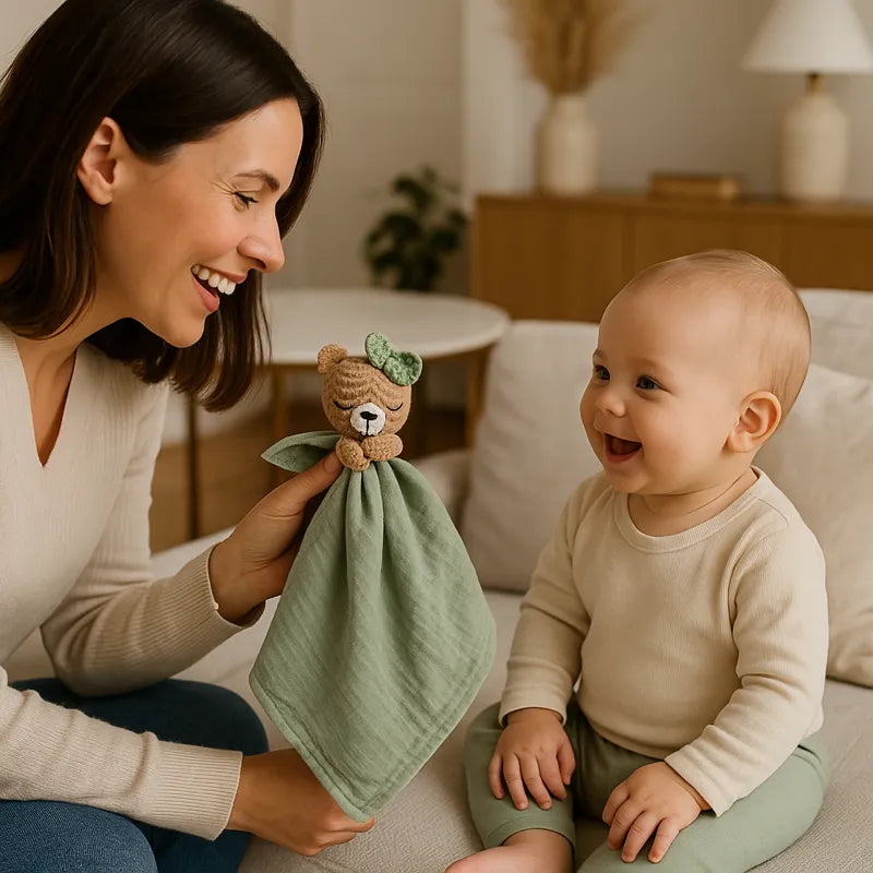 Maman souriante joue avec bébé et son doudou ourson vert sauge