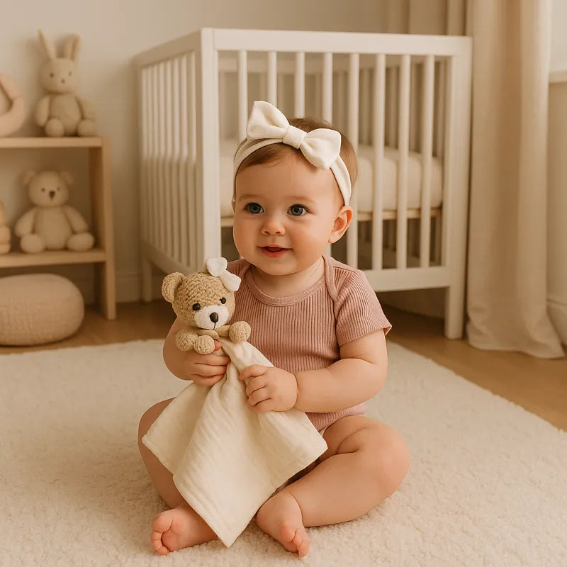 Bébé fille souriante avec bandeau blanc et doudou beige apaisant