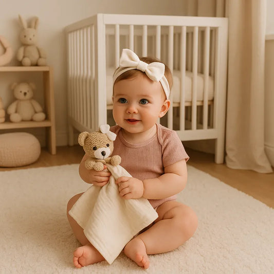 Bébé fille souriante avec bandeau blanc et doudou beige apaisant