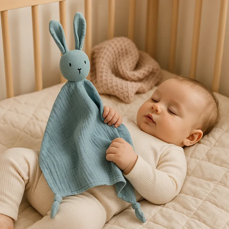 Bébé jouant avec un doudou lapin bleu en coton dans son lit