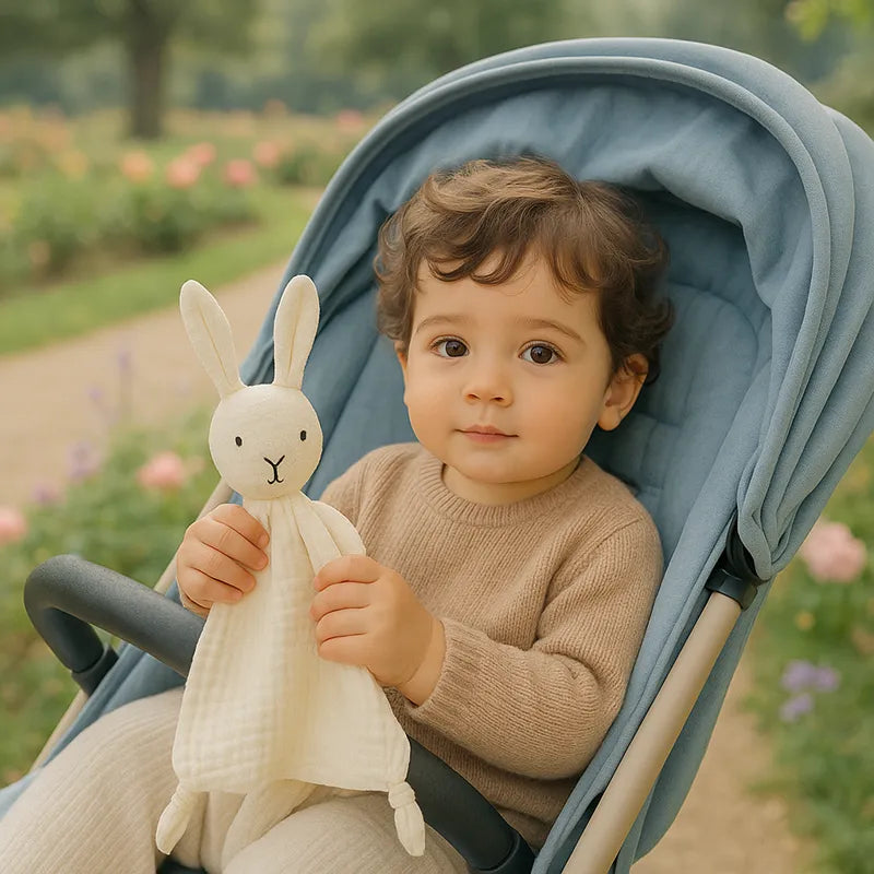 Enfant tenant un doudou lapin blanc en poussette lors d’une sortie