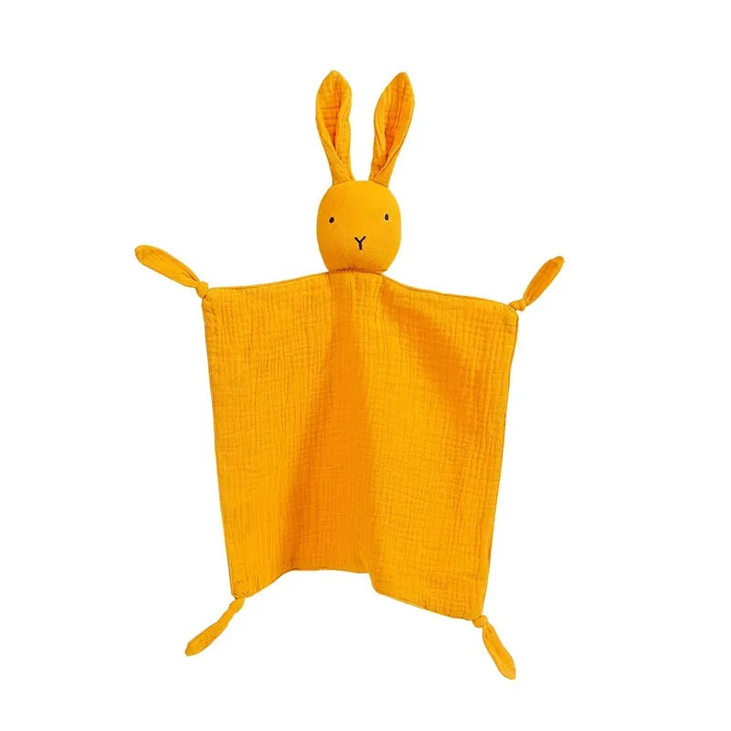 Doudou bébé lapin en coton jaune, jouet d’éveil doux 