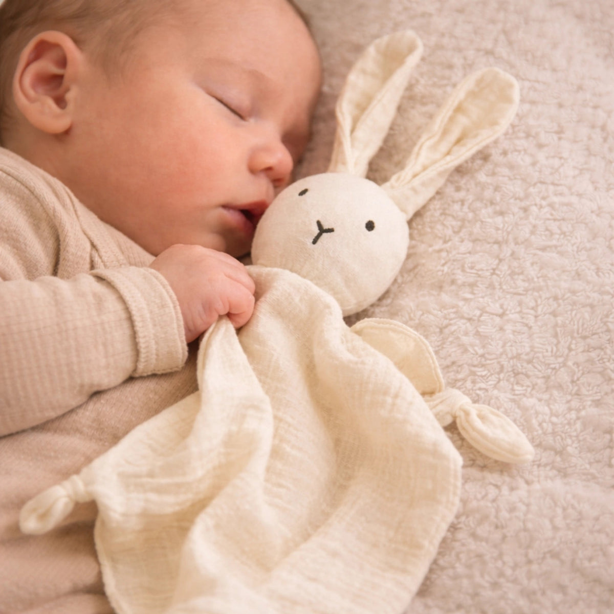 Bébé endormi avec doudou lapin beige ultra doux, idéal pour favoriser le sommeil et le réconfort