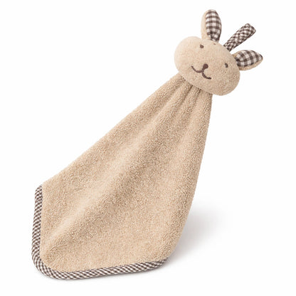 doudou bébé lapin beige en tissu doux avec oreilles motif carreaux