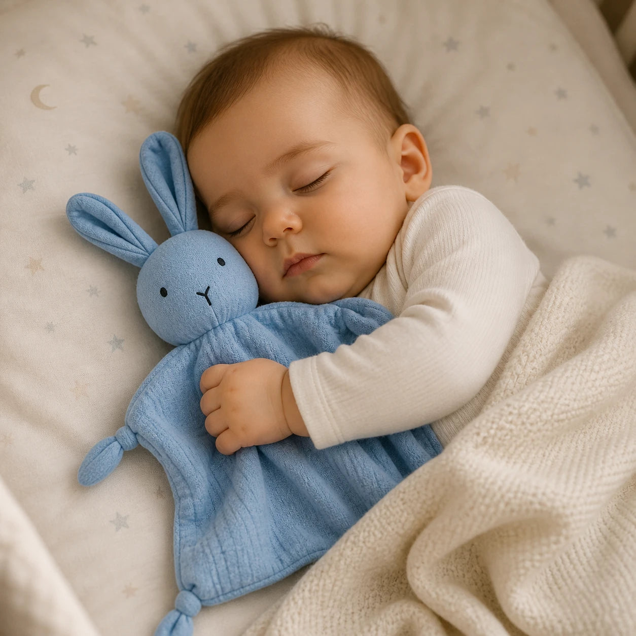bébé endormi avec doudou lapin bleu en gaze de coton dans un lit confortable