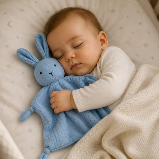 bébé endormi avec doudou lapin bleu en gaze de coton dans un lit confortable