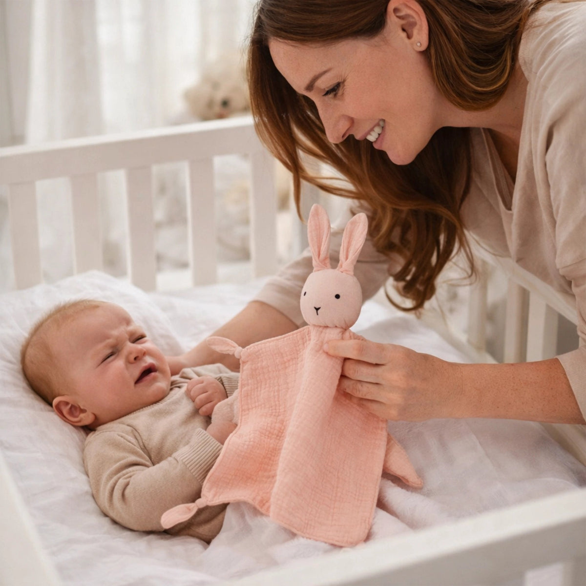 Doudou lapin rose pour bébé utilisé par une maman pour apaiser et rassurer son nourrisson