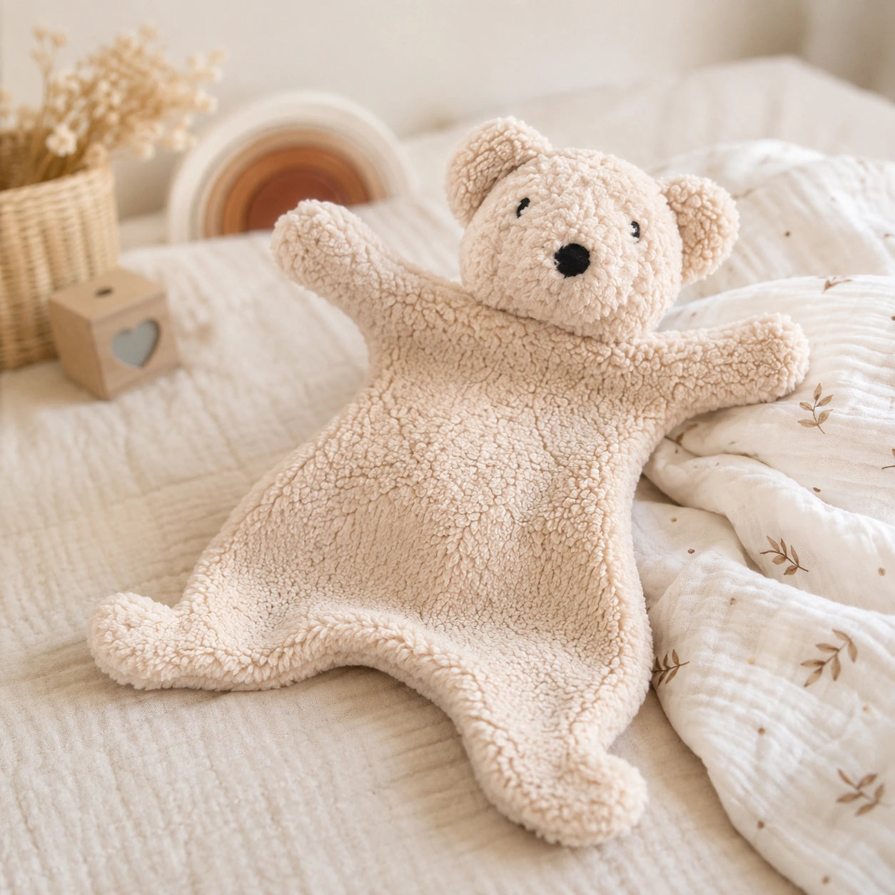 Doudou de naissance en coton beige en forme d'ours, ultra doux.