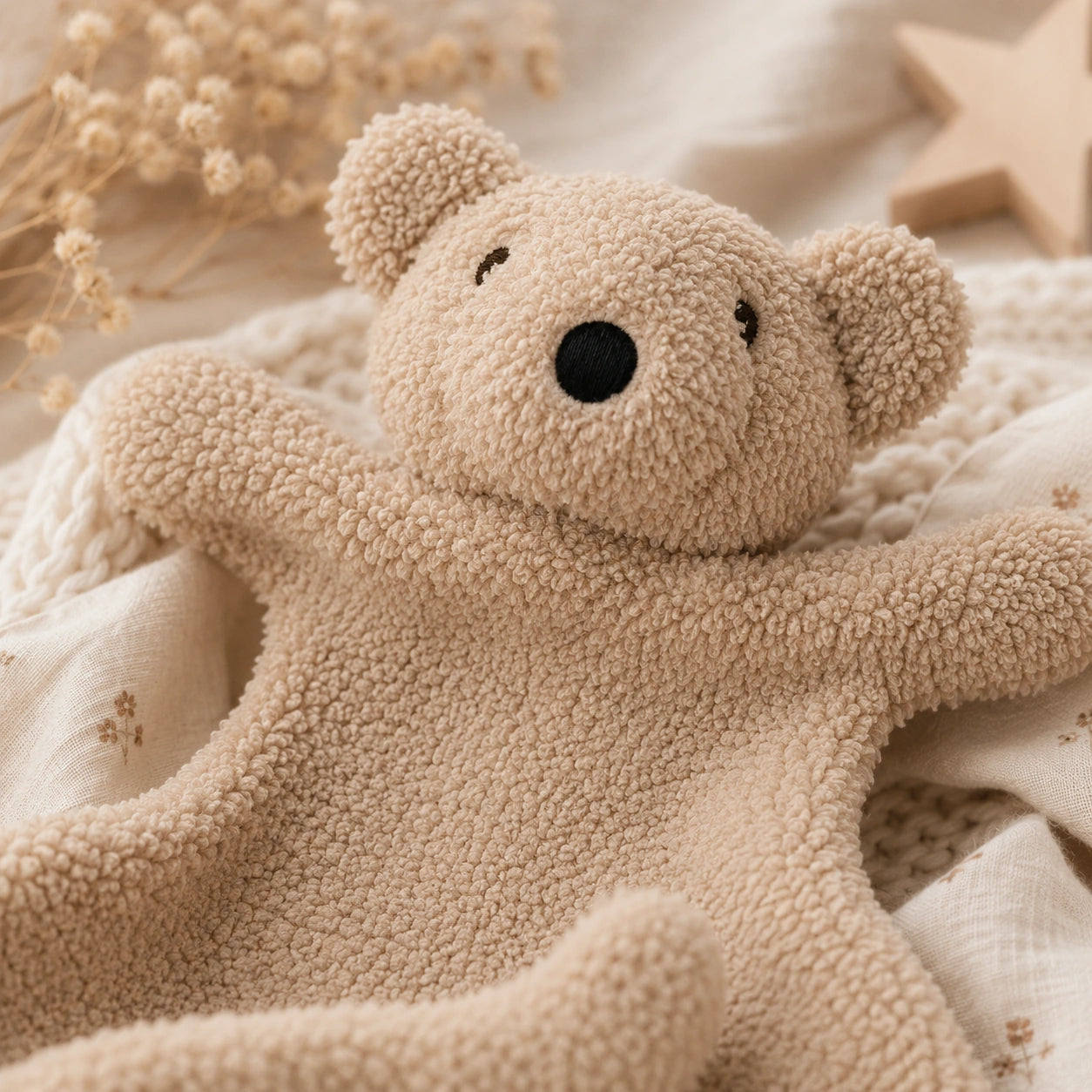 Doudou ours beige en coton posé sur un lit de bébé.