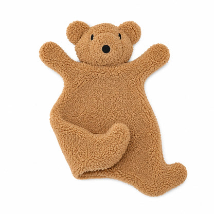 Doudou ours marron moelleux en tissu sherpa pour bébé.