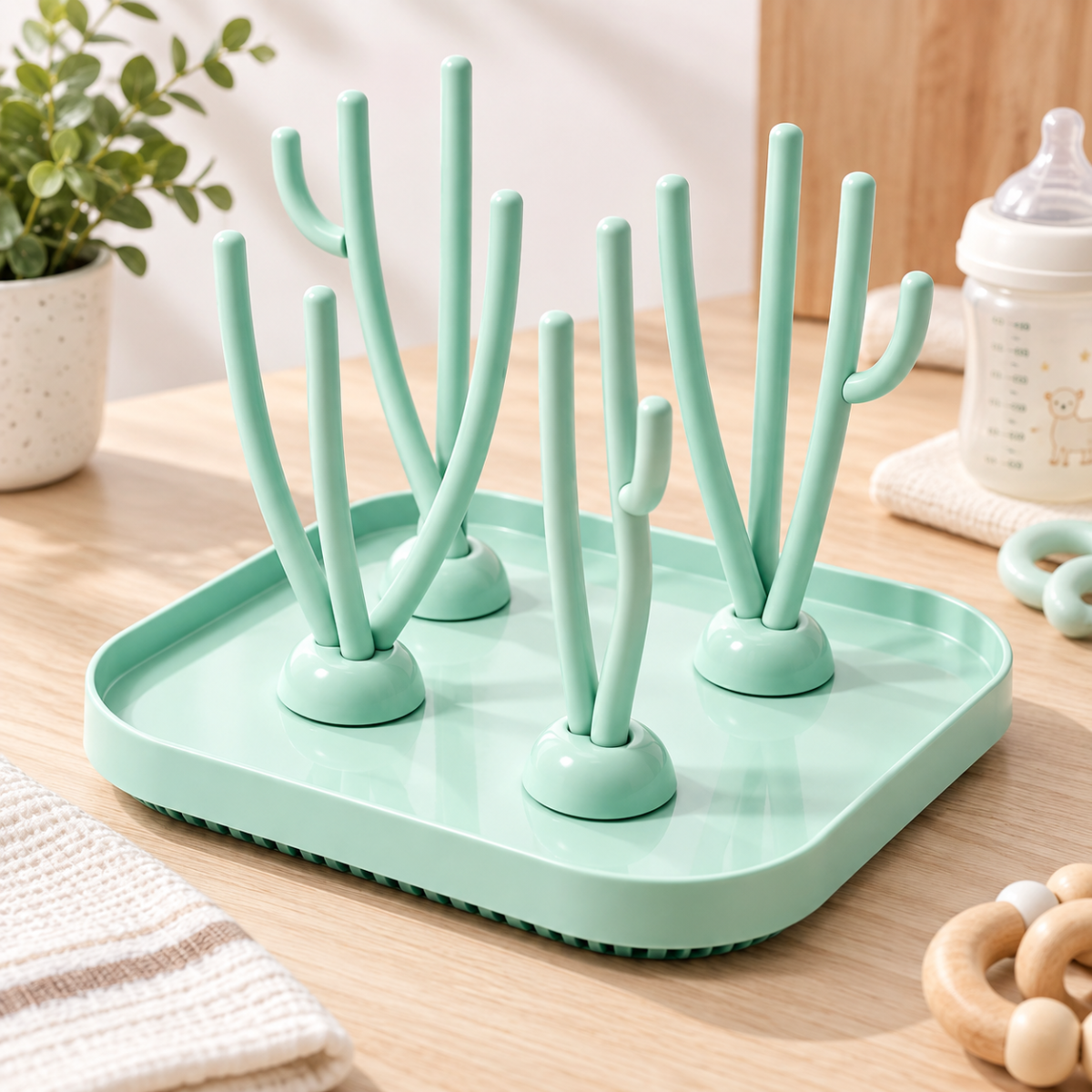 Égouttoir à biberons pour bébé vert menthe avec branches de séchage sur plateau