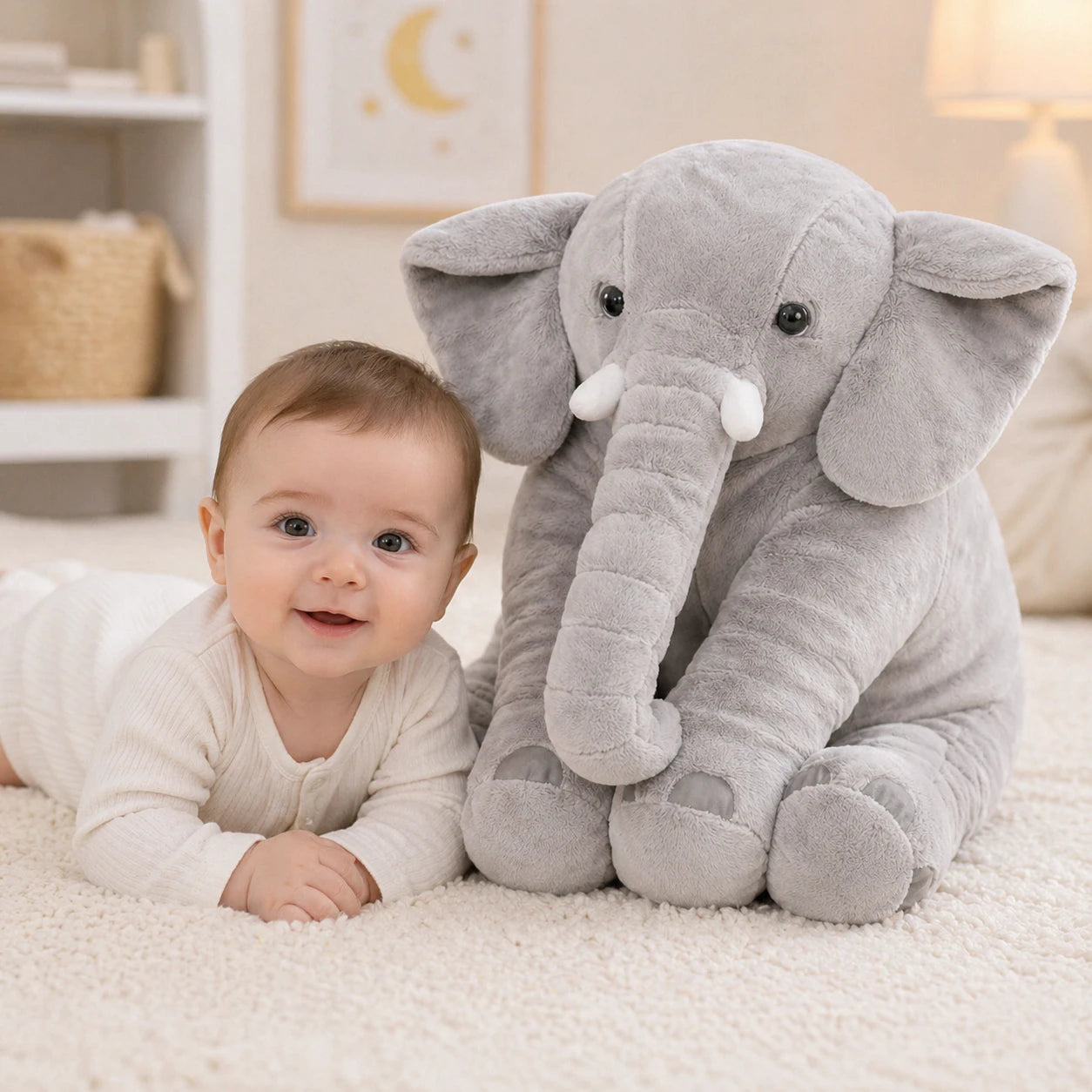 peluche éléphant bébé gris avec bébé allongé sur tapis jouet doux pour enfant décoration chambre bébé