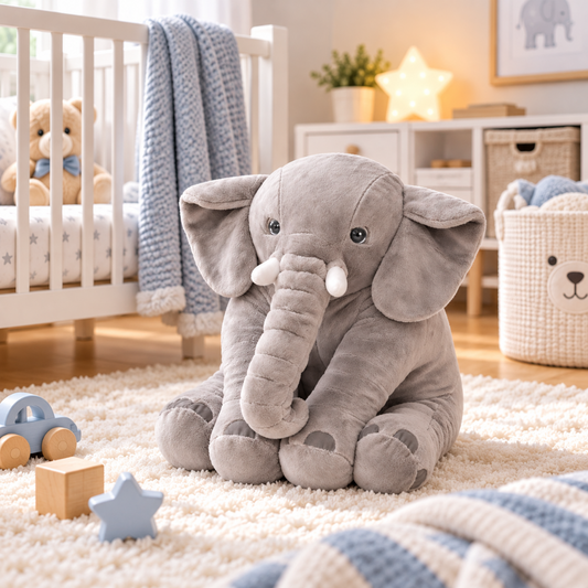 Éléphant en peluche gris de 60 cm, assis sur un tapis moelleux dans une chambre de bébé aux couleurs douces, près d'un lit blanc.