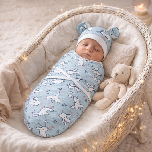 Bébé nouveau-né dormant paisiblement emmailloté dans une gigoteuse bébé en coton bleu à motifs lapin,