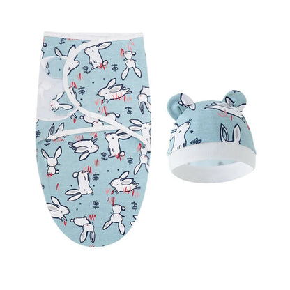 Gigoteuse bébé en coton bleu à motifs lapin avec bonnet assorti