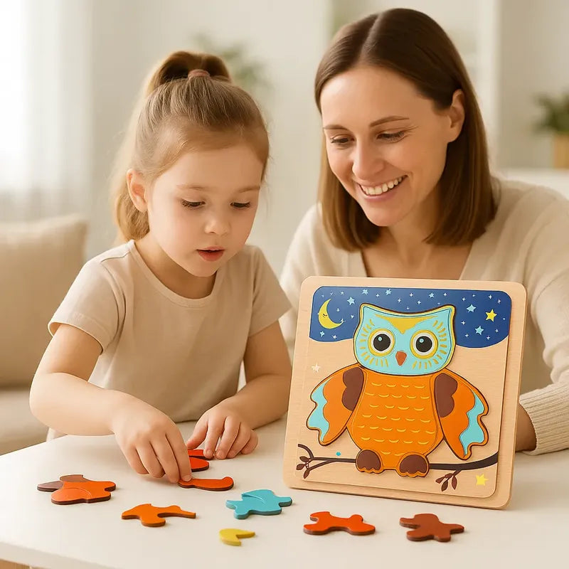 Maman et sa fille qui font un puzzle hibou