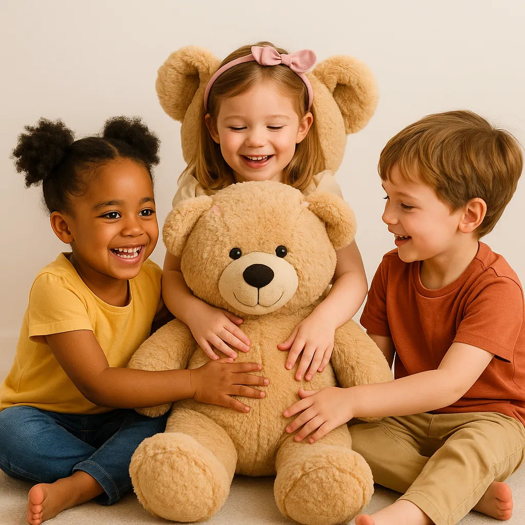 3 enfants qui s'amusent avec une peluche