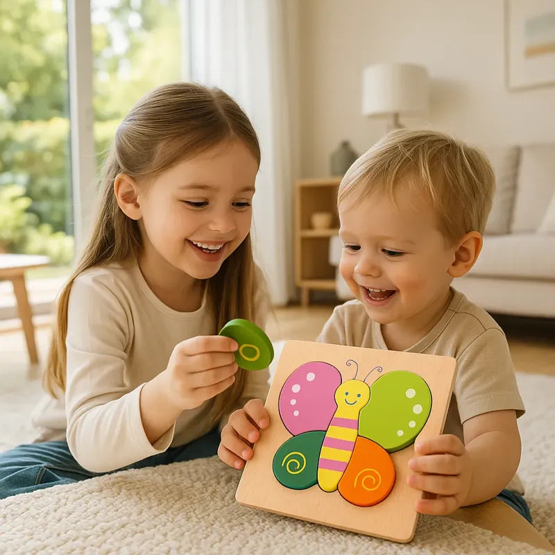 2 enfants qui nous montre un puzzle papillon