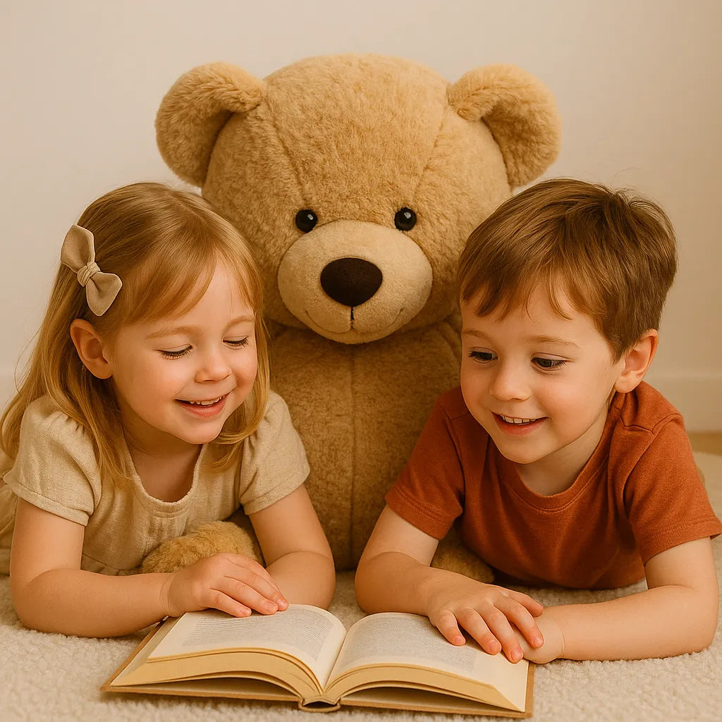 2 enfant qui font la lecture avec la peluche géante