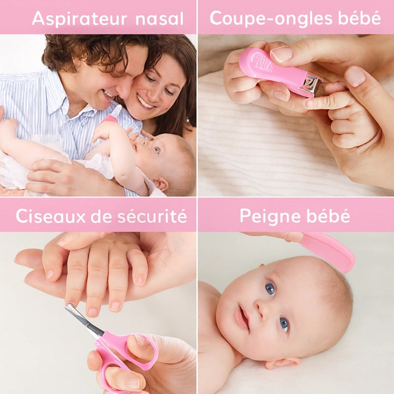 Accessoires de soins bébé roses avec aspirateur nasal et ciseaux de sécurité