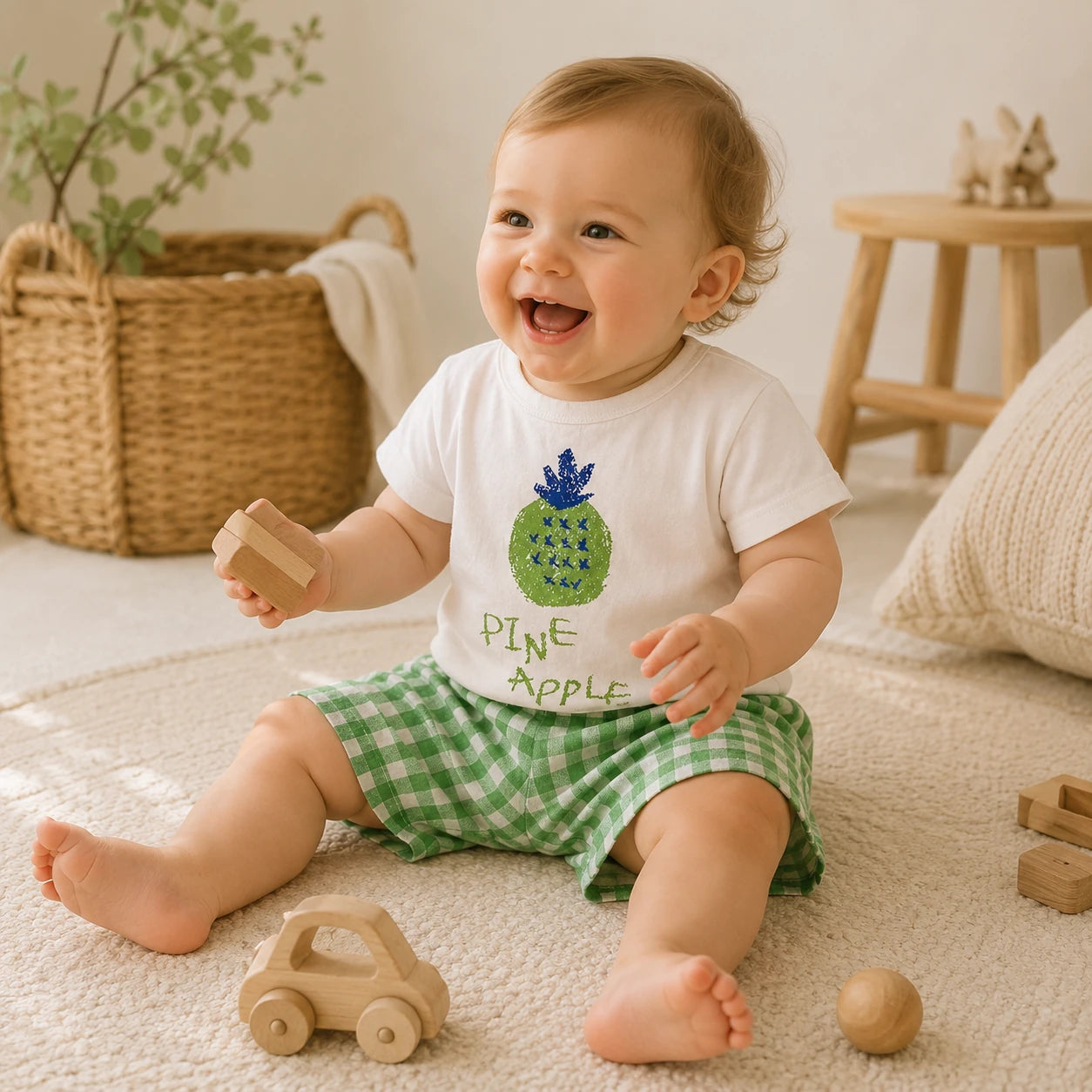 Bébé souriant portant un ensemble vert à carreaux et jouant avec des jouets en bois.