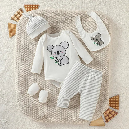 Ensemble bébé garçon motif koala, body doux, pantalon rayé et bavoir