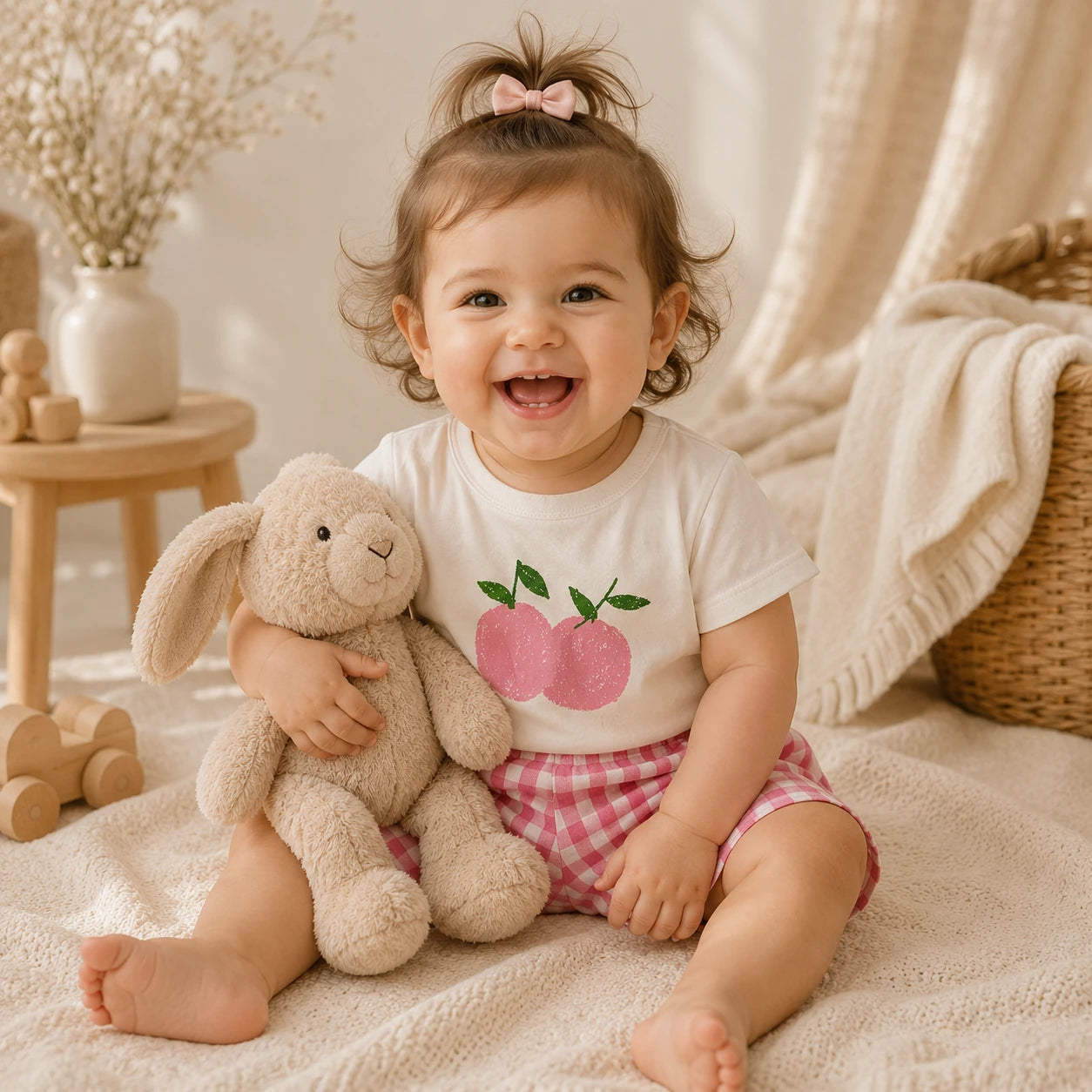 Petite fille portant un ensemble rose à carreaux avec un lapin en peluche dans une chambre bébé.