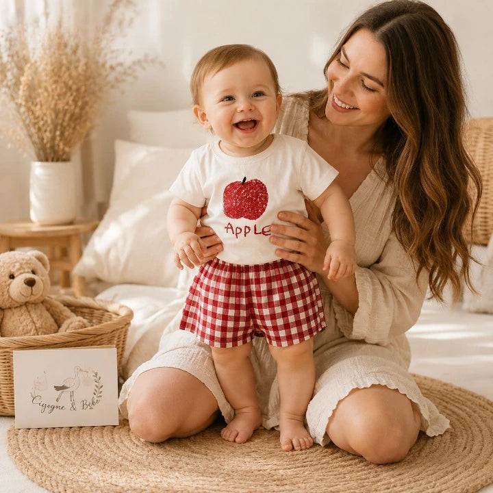 Bébé portant un ensemble rouge à carreaux avec maman dans une chambre chaleureuse.