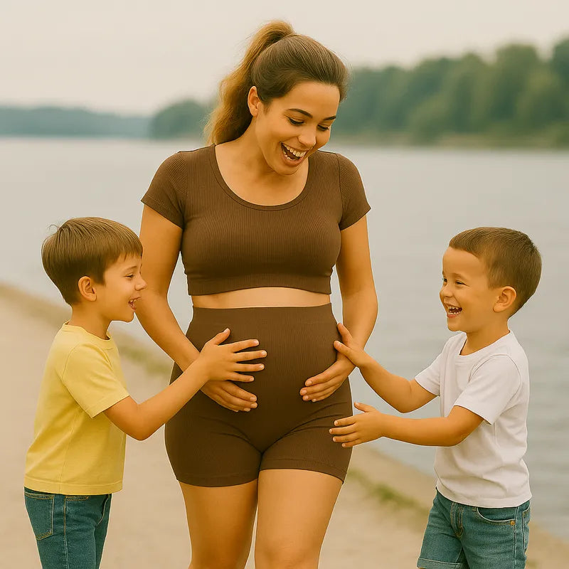 Maman enceinte en ensemble maternité jouant avec ses enfants à la plage