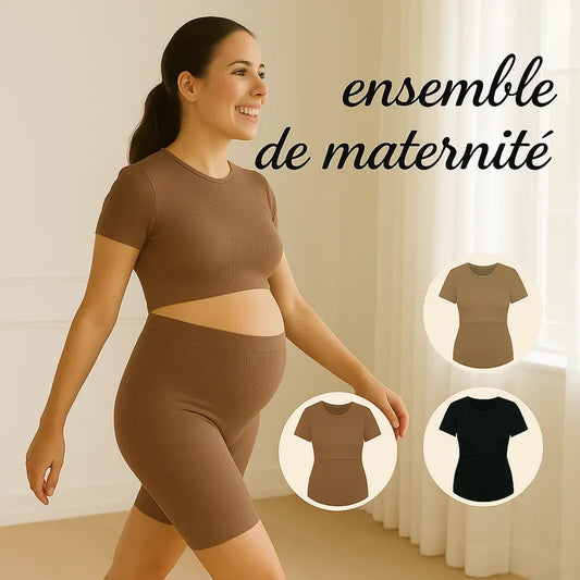 Ensemble maternité marron présenté avec variantes de couleurs disponibles