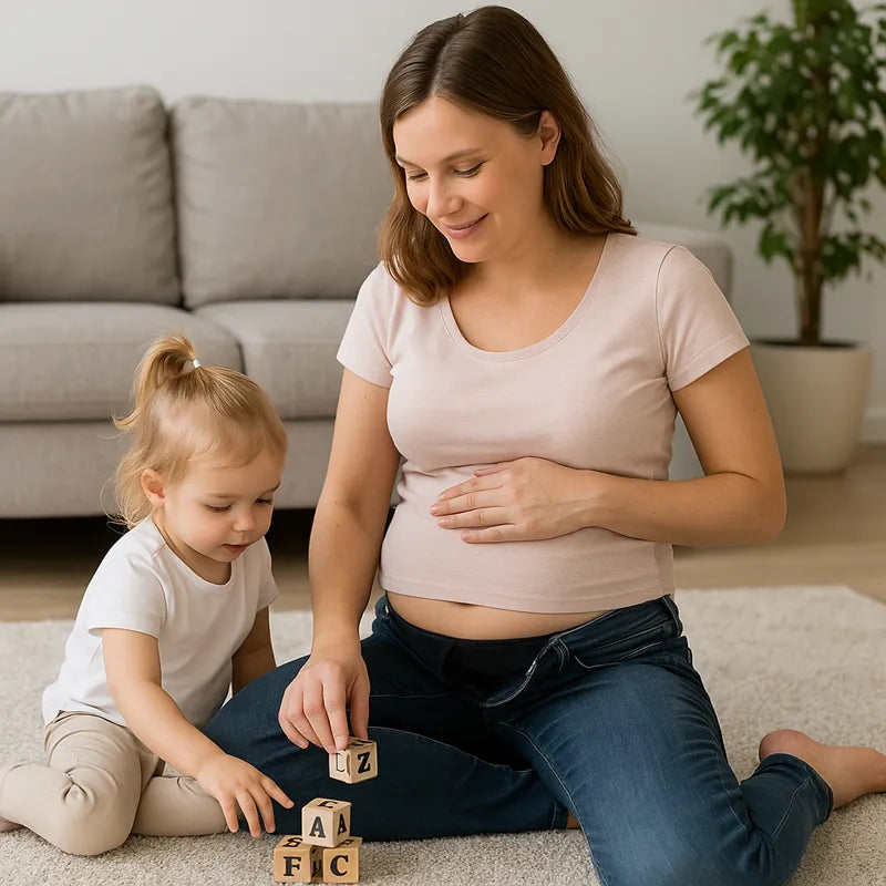 Maman enceinte jouant avec enfant portant rallonge pantalon maternité