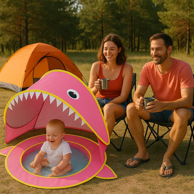Scène familiale avec la tente de plage et bébé