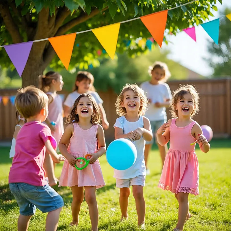 Guirlande fanion colorée suspendue pour fête d’enfants en extérieur
