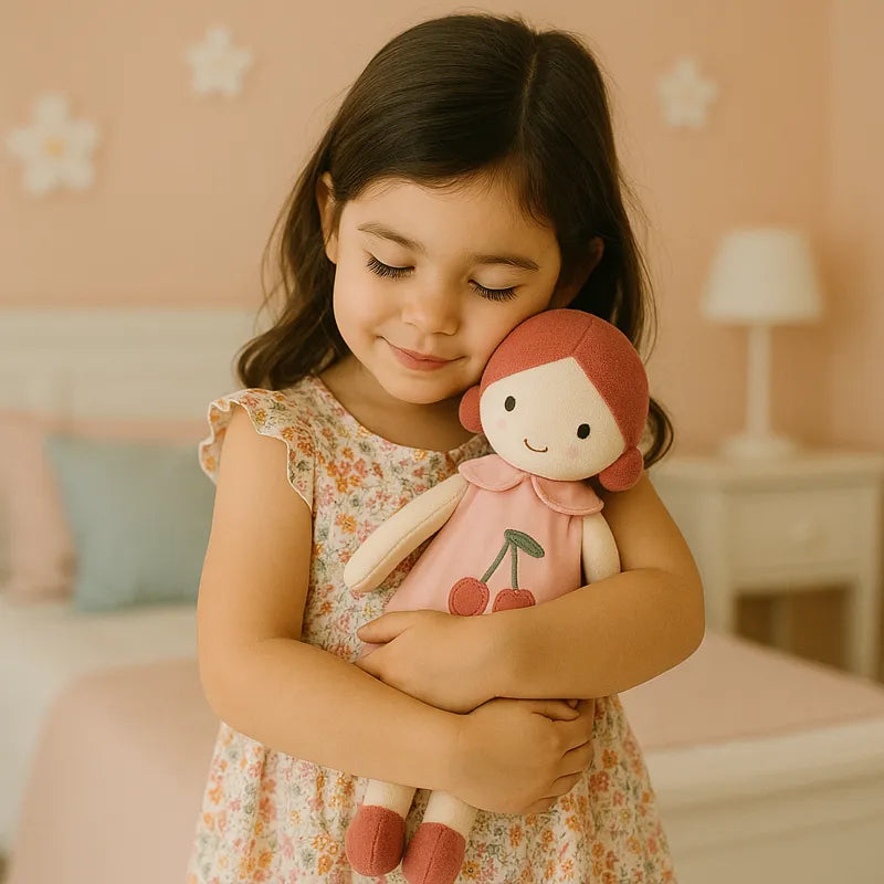 Petite fille câlinant une poupée en tissu robe cerise