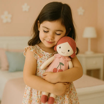 Petite fille câlinant une poupée en tissu robe cerise