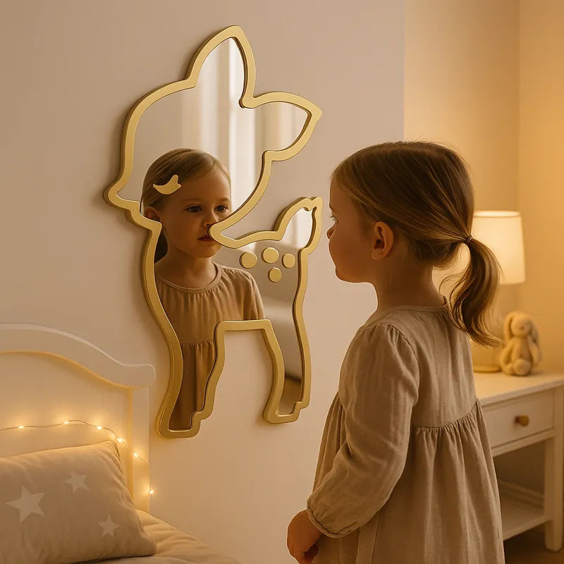 Petite fille observe son reflet dans un miroir mural faon en bois clair.