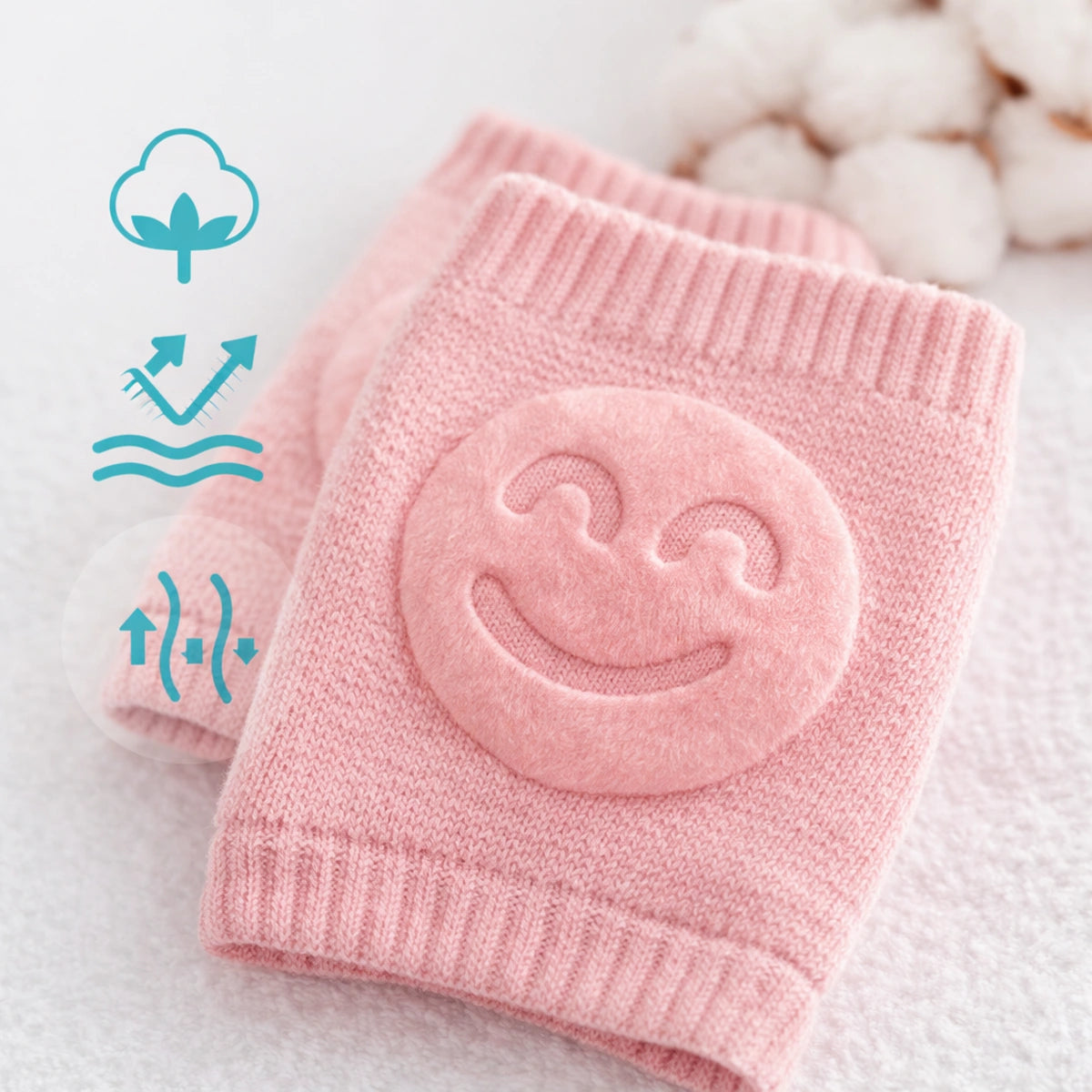 Détail de la texture en coton respirant des genouillères de sécurité pour bébé, douces, confortables et antidérapantes