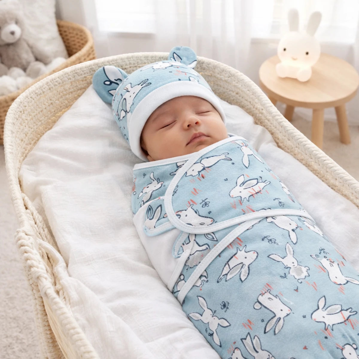 Gigoteuse bébé 0-6 mois respirante, motif lapins bleus, bébé emmailloté dans un panier, décor chaleureux et rassurant.