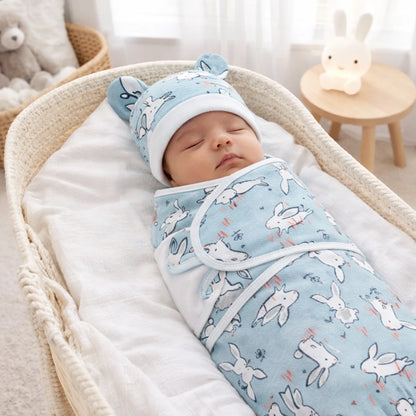 Gigoteuse bébé 0-6 mois respirante, motif lapins bleus, bébé emmailloté dans un panier, décor chaleureux et rassurant.