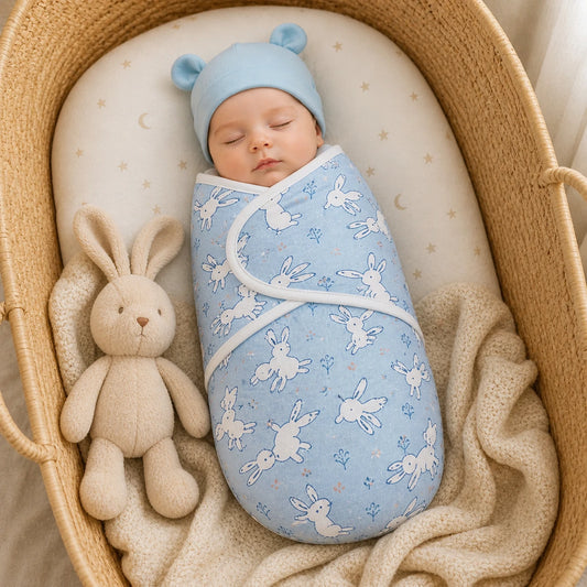 bébé endormi dans une gigoteuse lapin bleu dans un panier avec doudou doux