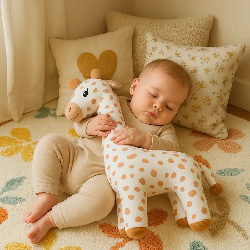 Bébé endormi câlinant un jouet en peluche girafe douce et réconfortante.