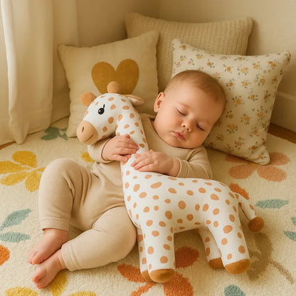 Bébé endormi câlinant un jouet en peluche girafe douce et réconfortante.