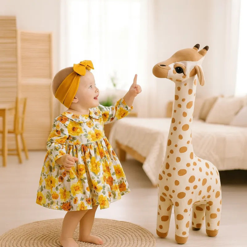 Petite fille en robe fleurie jouant avec un grand jouet en peluche girafe dans une chambre lumineuse.