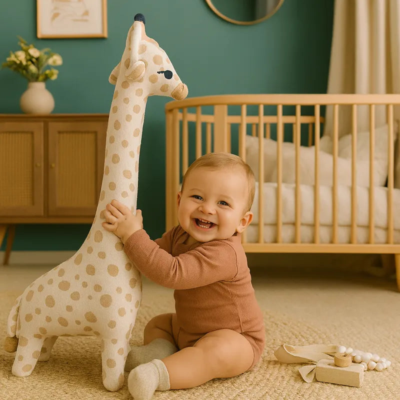 Bébé souriant assis au sol serrant son jouet en peluche girafe devant son lit bébé.