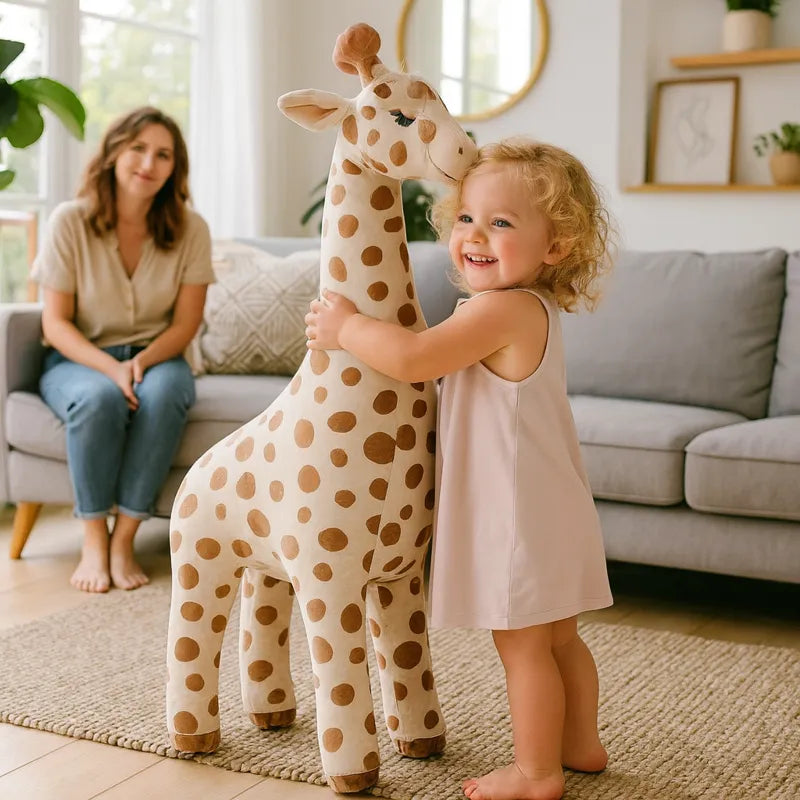 Fillette blonde étreignant un grand jouet en peluche girafe sous le regard bienveillant de sa maman.